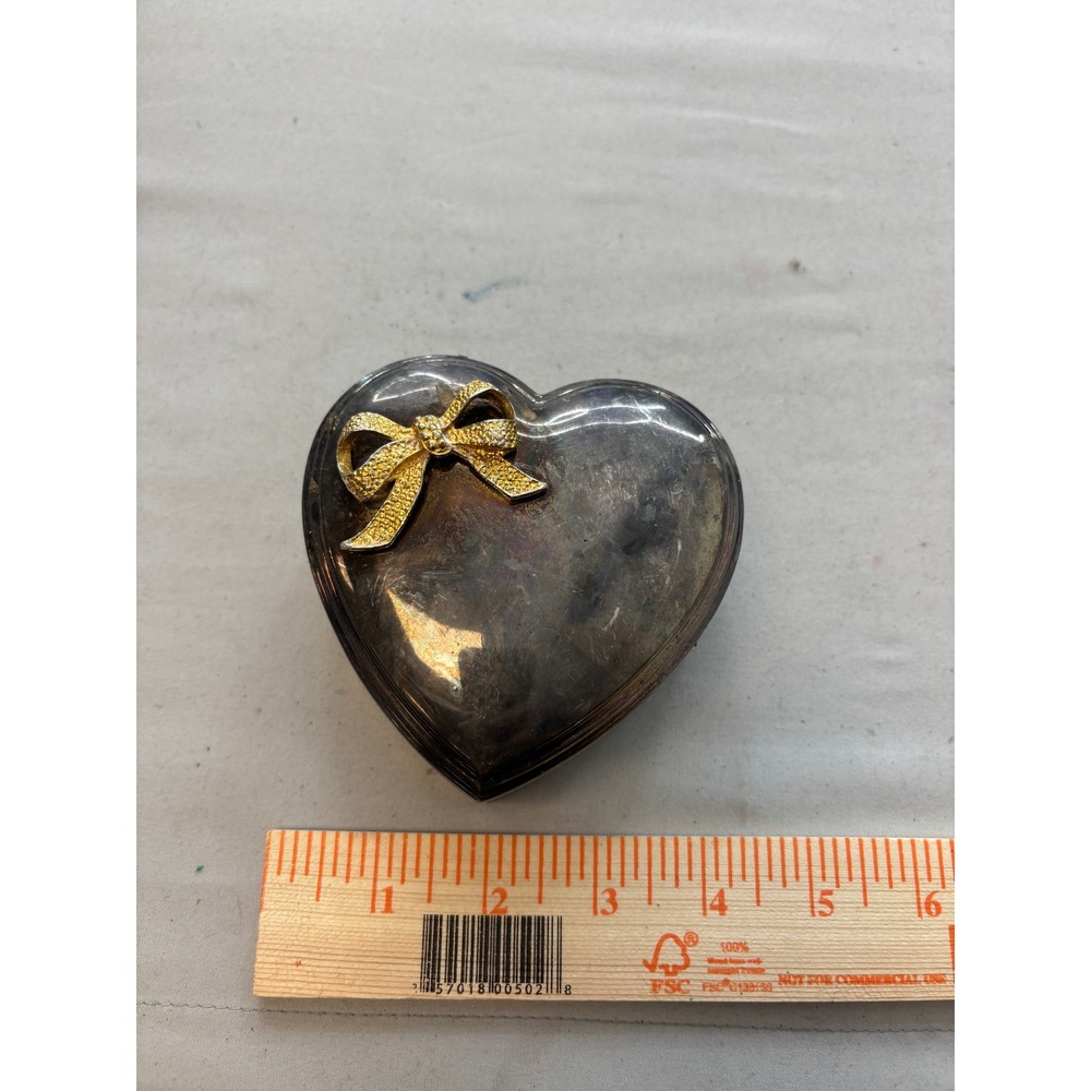 Vintage Heart Shaped Trinket Box Silver Tone Gold Bow Jewelry Case Hong Kong
